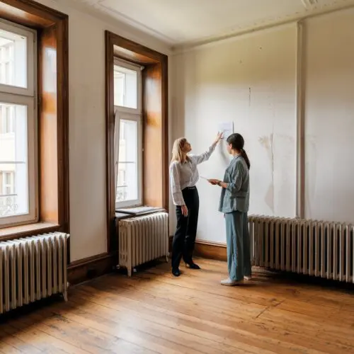 Vermieterin und Mieterin begutachten Gebrauchsspuren an Wohnzimmerwand