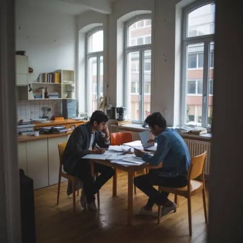 Zwei indische Studenten sitzen an einem Tisch in einer Berliner Wohnung, um Mietunterlagen zu überprüfen.