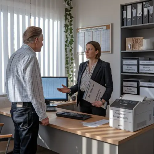 Mann und Frau in Büro der Hausverwaltung diskutieren Verwaltungsunterlagen. Dokumente und Computerbildschirm sichtbar.