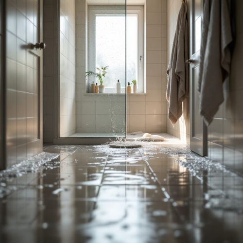 Wasser läuft aus einer offenen Duschkabine auf einen hellen Badezimmerboden.