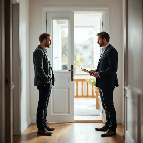 Mieter verweigert Schlüsselübergabe an frustrierten Vermieter in deutscher Wohnung.