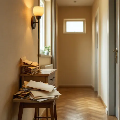 Flur eines deutschen Mehrfamilienhauses mit einem Stapel unbehandelter Briefe und einer Mahnung auf einem Tisch.