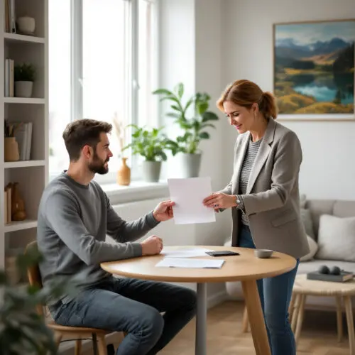 Vermieterin präsentiert Mieter unzulässige Mieterhöhung (VPI). Besorgter Mieter in Wohnung. Wohnungsmiete, Mietrecht, Mietspiegel, Vergleichsmiete, Mieterhöhung.