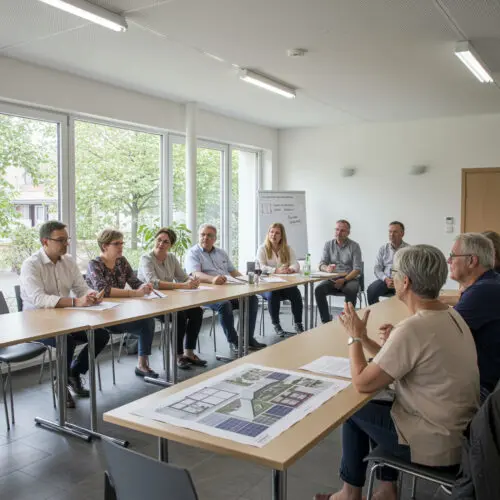 Eigentümerversammlung in Gemeinschaftsraum mit Bauplänen und Ablehnung der Eigentümer