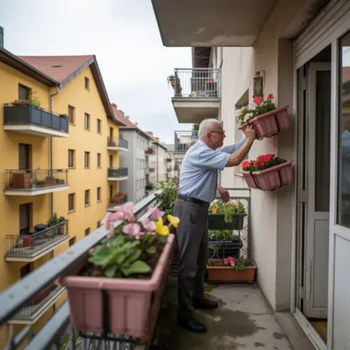 Ein älterer Mann befestigt konzentriert einen Blumenkasten an seinem Balkon, eine Tätigkeit, die in Wohnungseigentümergemeinschaften oft Gegenstand von WEG-Beschlüssen und Haftungsfragen ist.
