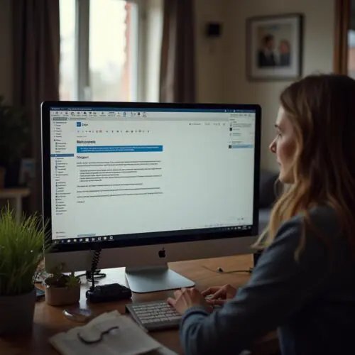 Frau erarbeitet Umlaufverfahren zur Änderung eines Wohnungseigentümerbeschlusses an einem Computer im Büro.