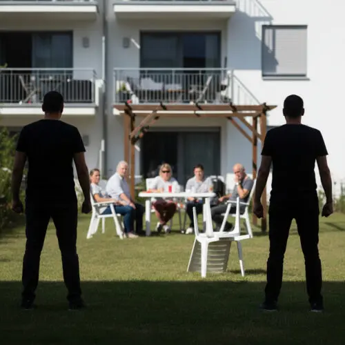 Dunkle Silhouetten zweier wütender Wohnungseigentümer, die abrupt die Versammlung verlassen.
