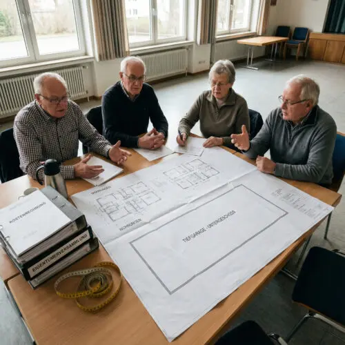 Vier verärgerte Wohnungseigentümer debattieren über einen Bauplan, auf dem die massiven Flächenangaben der Tiefgarage die Wohnflächen visuell überlagern.Vier verärgerte Wohnungseigentümer debattieren über einen Bauplan, auf dem die massiven Flächenangaben der Tiefgarage die Wohnflächen visuell überlagern.