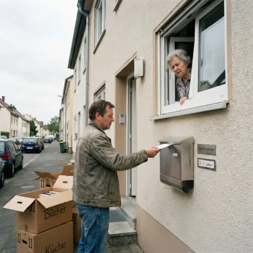 Die Hand eines Mannes schiebt entschlossen einen Brief ein, während eine Frau skeptisch aus dem Fenster herabblickt.