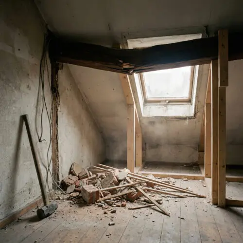 Ein rissiger Holzbalken biegt sich im entkernten Dachgeschoss über einem Haufen Bauschutt gefährlich nach unten durch.
