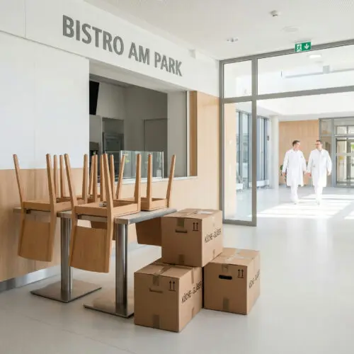 Gepackte Umzugskartons und hochgestellte Stühle in einem hellen, unbeschädigten Krankenhaus-Bistro.