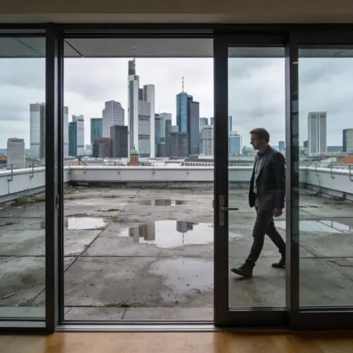 Große Pfützen auf dem nackten Beton einer trostlosen Dachterrasse, gesehen durch die Glastür eines Penthouses.
