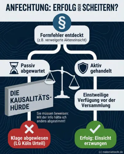 Entscheidungsbaum zur Anfechtungsklage im WEG-Recht: Passivität führt zum Scheitern, aktives Handeln zum Erfolg.
