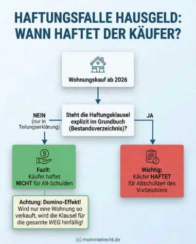 Infografik: Entscheidungsbaum zur Haftung des neuen Wohnungskäufers für alte Hausgeldschulden ab 2026 nach Grundbucheintrag.