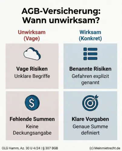 Gegenüberstellung von unwirksamen (vagen) und wirksamen (konkreten) Versicherungsklauseln in Miet-AGB.