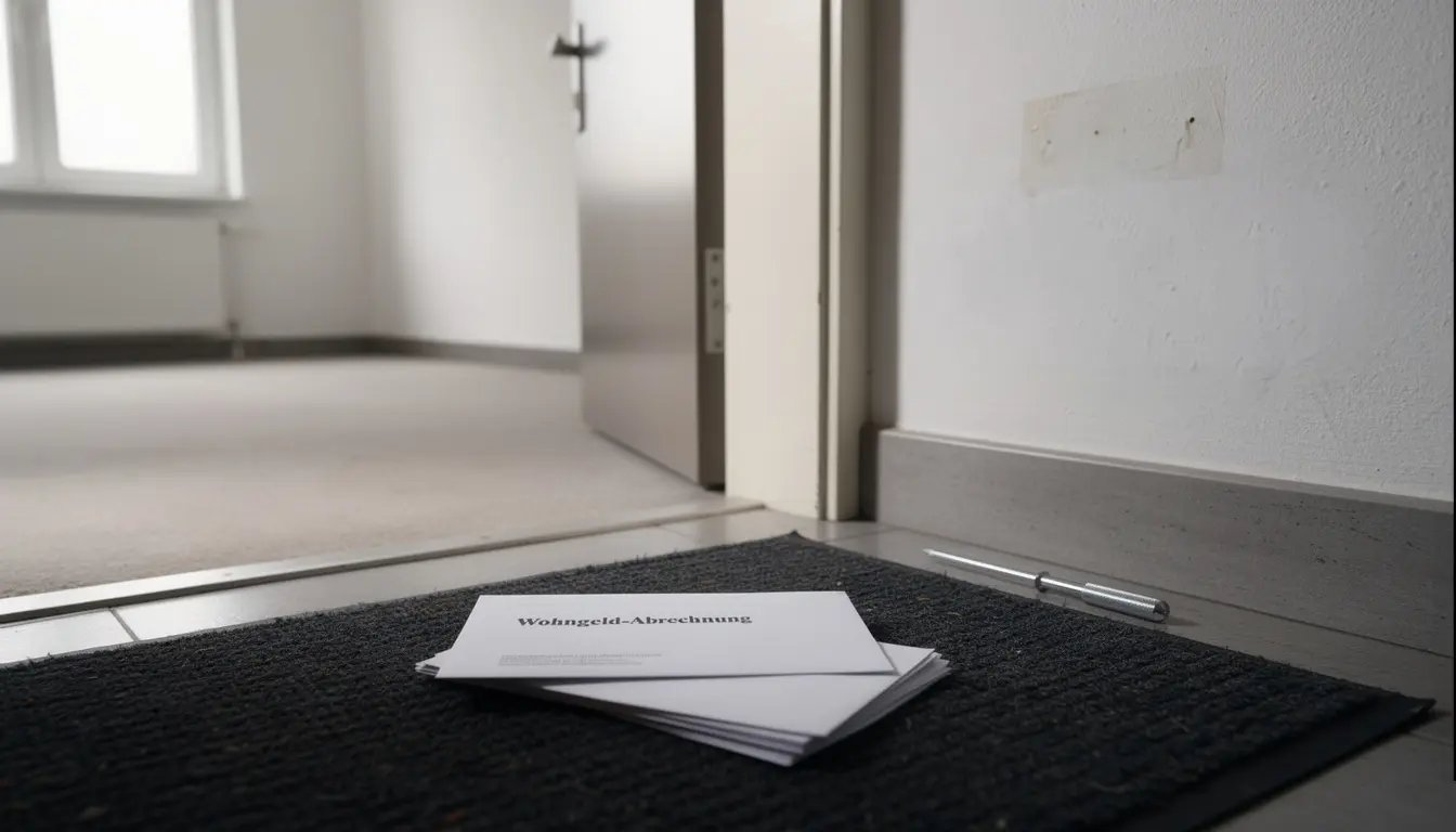Wohngeld-Abrechnungen auf einer Fußmatte vor einer Wohnungstür, an der gerade das Namensschild gewechselt wird.