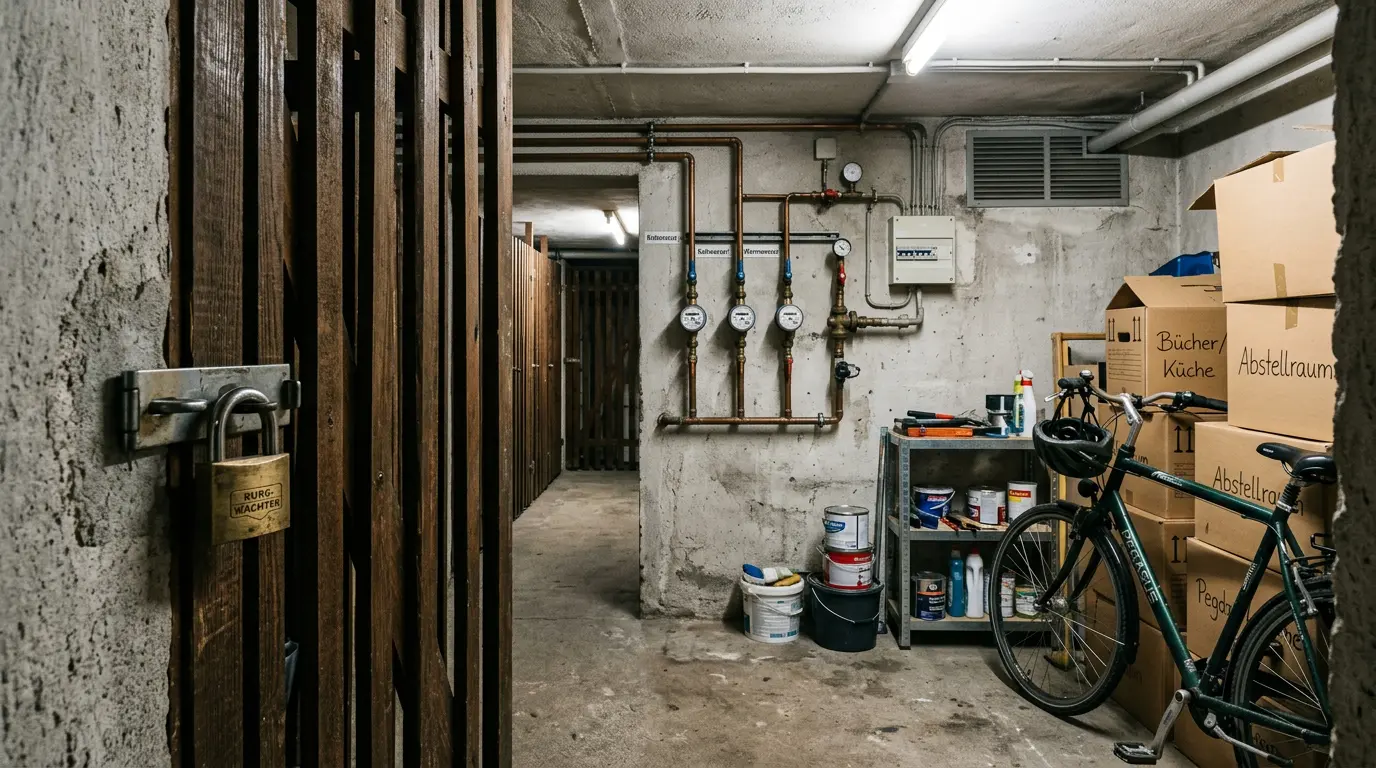Verschlossener Kellerraum mit privaten Kartons und zentralen Wasserzählern an einer Betonwand.