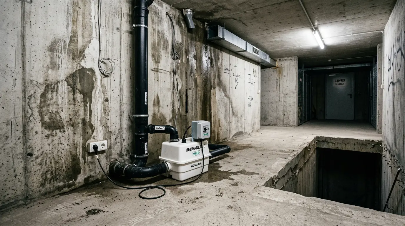 Technisch unfertiger Kellerraum mit kleiner Kunststoff-Hebeanlage an großen Rohren und Feuchtigkeitsflecken an Betonwänden.