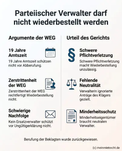 Infografik: Ein Hausverwalter, der die Anträge eines Eigentümers gezielt ignoriert, während er andere berücksichtigt, handelt parteiisch und darf trotz langer Amtszeit oder schwieriger Nachfolgersuche nicht wiederbestellt werden.