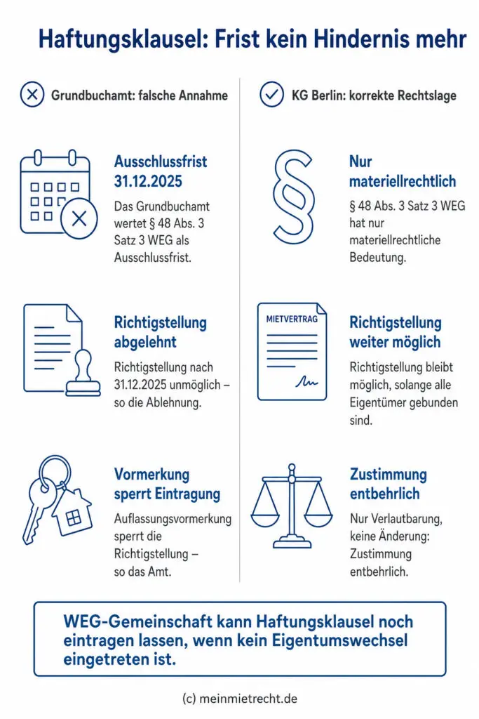 Infografik: Die Richtigstellung einer WEG-Haftungsklausel im Grundbuch ist laut KG Berlin auch nach dem 31.12.2025 möglich, da § 48 Abs. 3 Satz 3 WEG keine Ausschlussfrist darstellt.