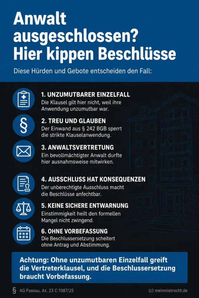 Infografik (Do's und Don'ts): Analyse zur Unwirksamkeit von Vertreterklauseln in der WEG bei Unzumutbarkeit.