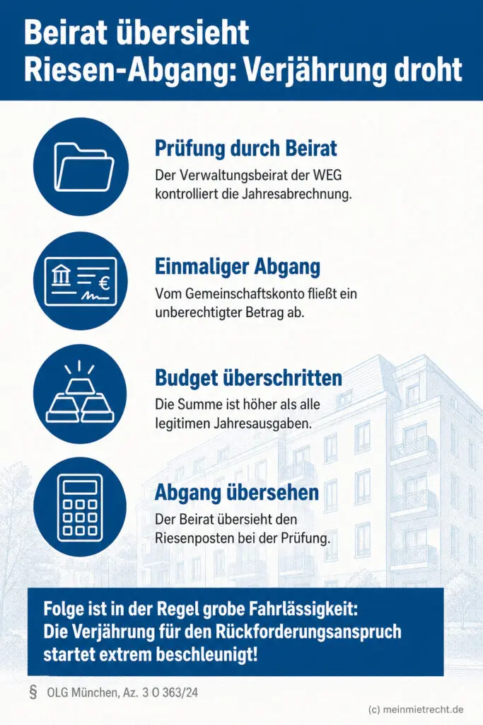 Infografik (Checkliste): Voraussetzungen für grobe Fahrlässigkeit des WEG-Beirats bei fehlerhafter Rechnungsprüfung.