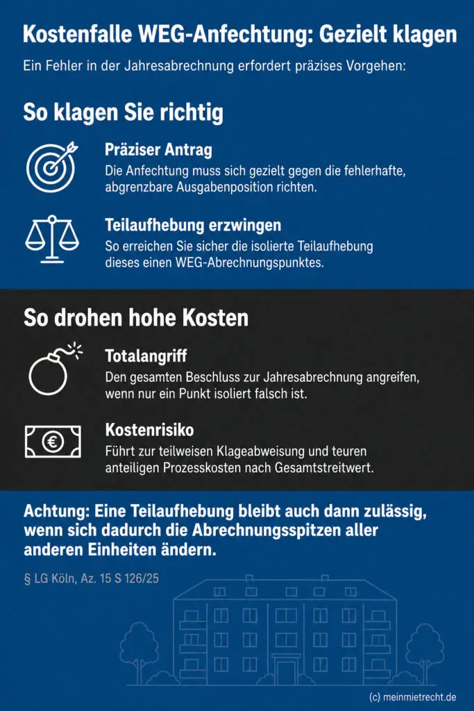 Infografik (Do's und Don'ts): Richtig klagen bei WEG-Abrechnungsfehler vs. Kostenrisiko bei Totalanfechtung.
