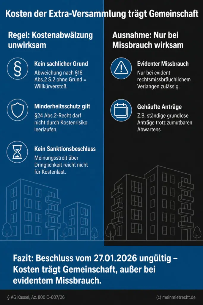 Vergleichsgrafik zur Kostenverteilung bei Eigentümerversammlungen: Links Regelfall unverzichtbar, rechts enge Missbrauchsausn