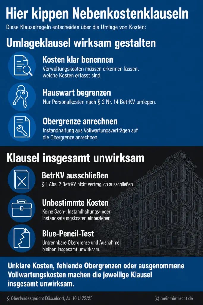 Zweistufige Übersicht zeigt gültige Regeln zu Nebenkostenklauseln und typische Fallstricke ihrer Unwirksamkeit.