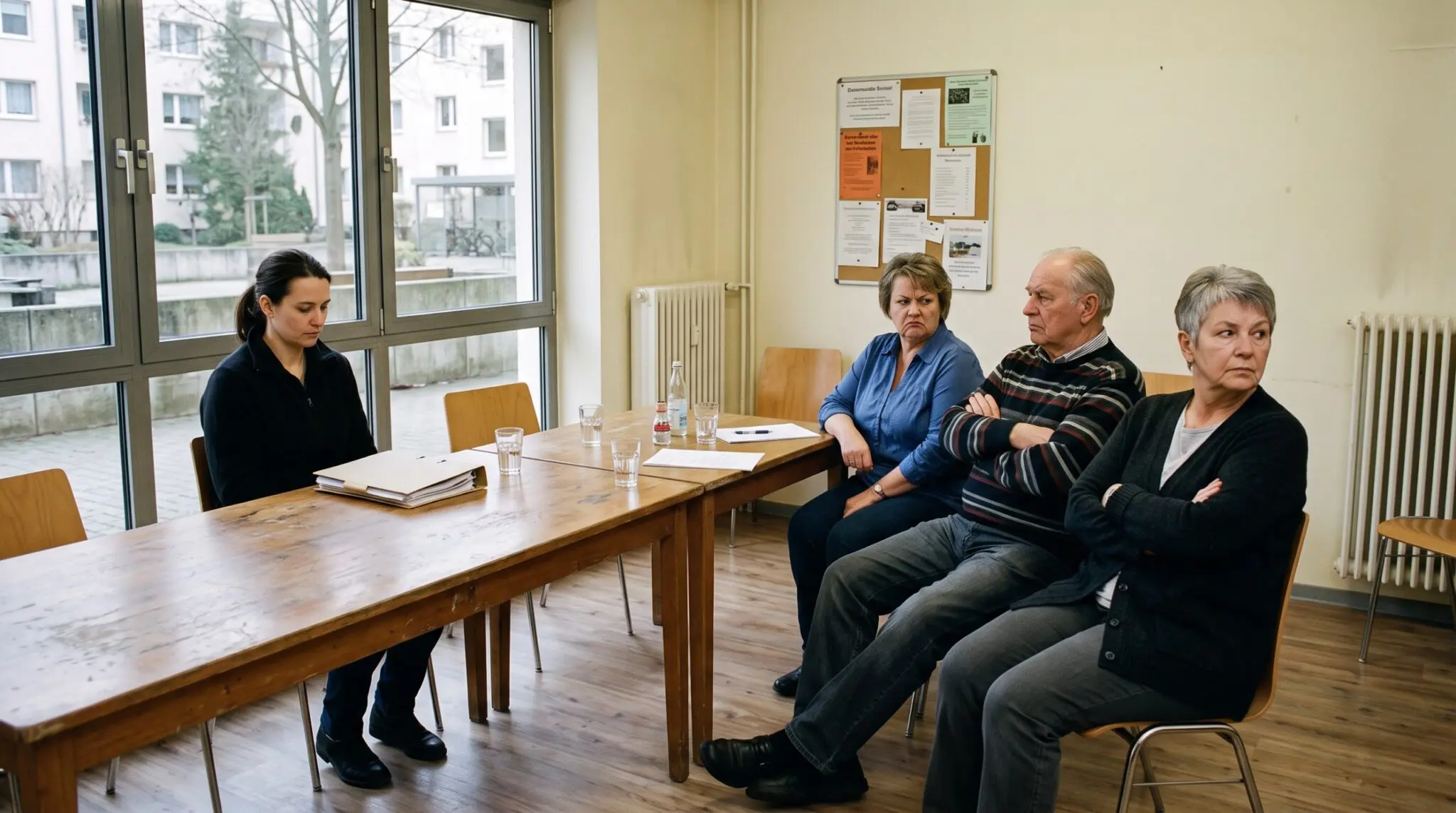 Eigentümerversammlung: Mehrheit wendet sich von isolierter Eigentümerin ab, die ein Dokument vor sich auf dem Tisch liegen ha