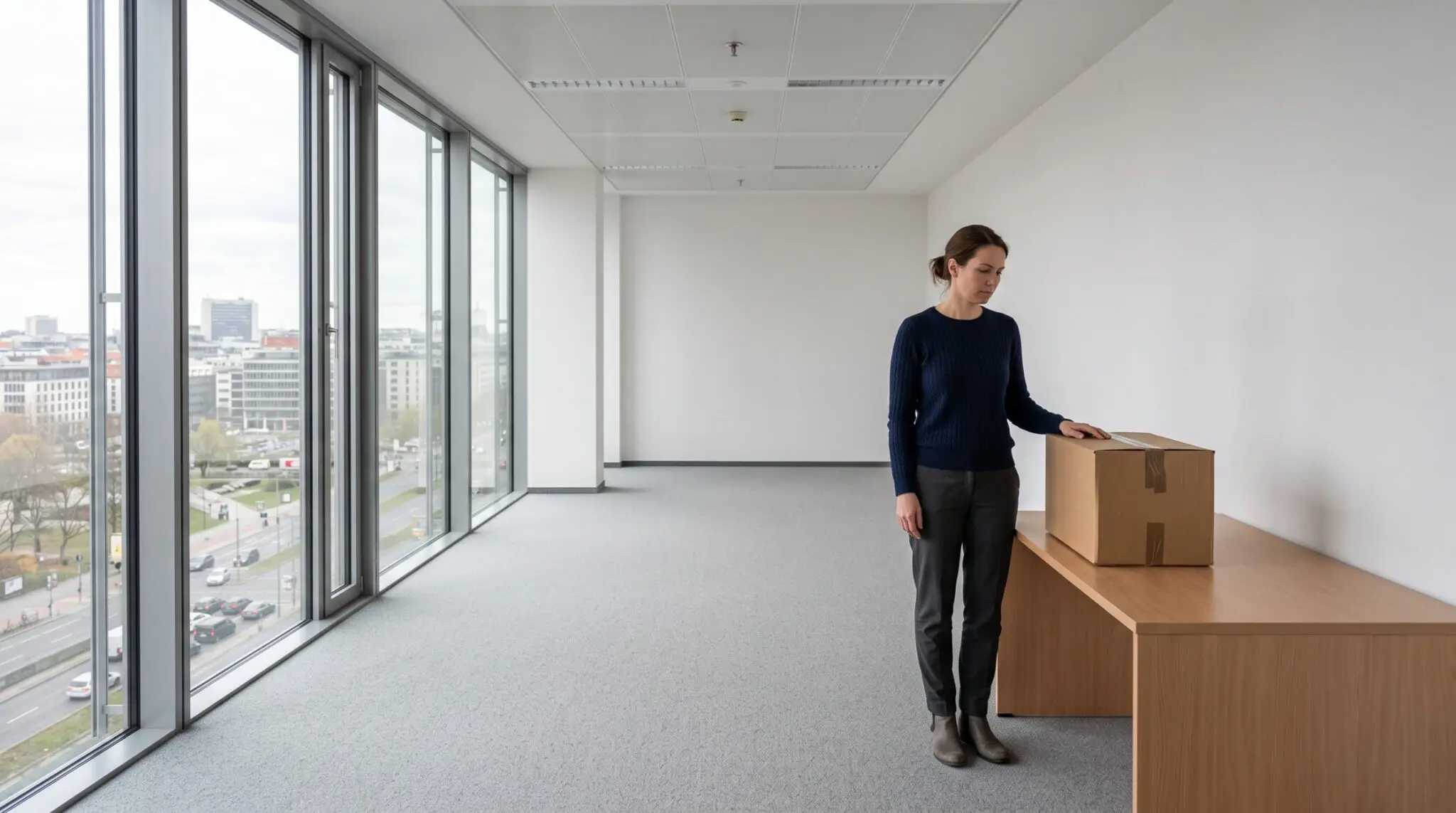 Mieterin steht in geräumtem Büro neben leerem Schreibtisch mit verschlossenem Umzugskarton