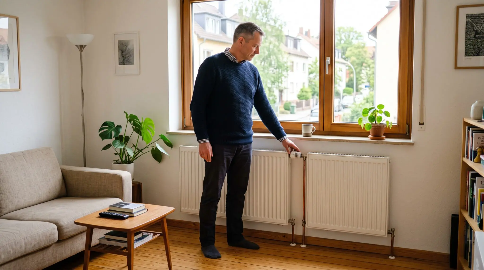 Mann steht im hellen Wohnzimmer vor weißem Heizkörper unterm Fenster und berührt das Thermostatventil