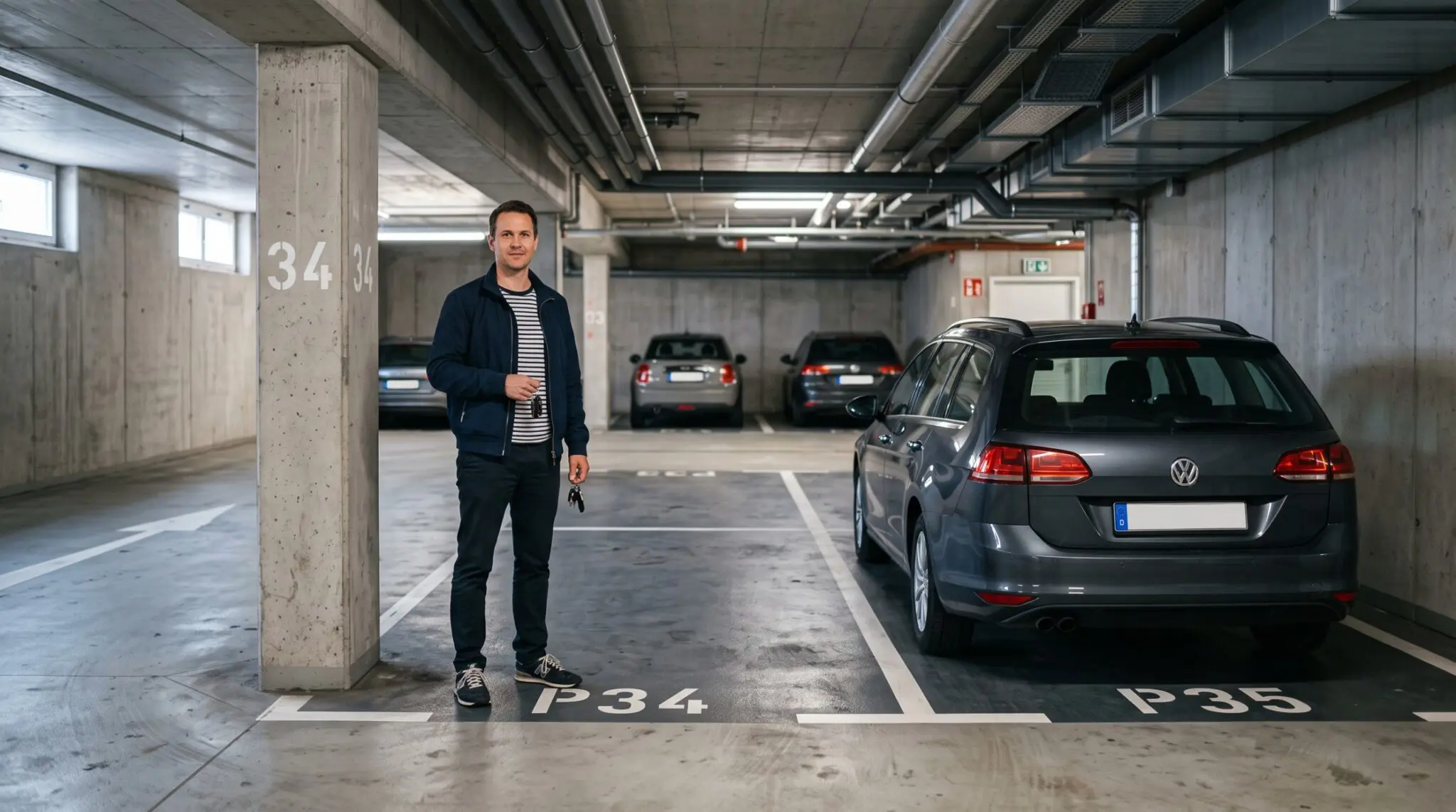 Eigentümer mit Schlüsselbund steht in Tiefgarage neben Auto auf markiertem Stellplatz