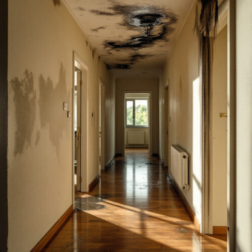Wasserflecken und Leckagen im Flur einer deutschen Wohnung zeigen Wasserschaden und notwendige Mietminderungen.