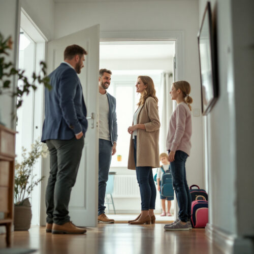 Eigentümerpaar besichtigt bewohnte Mietwohnung mit Immobilienmakler