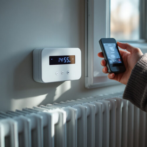 Hausmeister liest digitalen Heizkostenverteiler an Heizkörper mit Erfassungsgerät ab