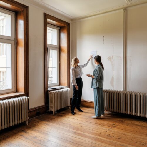 Vermieterin und Mieterin begutachten Gebrauchsspuren an Wohnzimmerwand