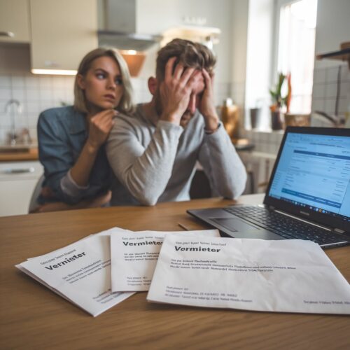 Ungeöffnete Mahnbriefe vom Vermieter liegen neben Laptop auf Küchentisch
