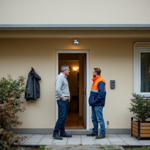 Eingang eines Mehrfamilienhauses mit Überwachungskamera; ein Bewohner betritt den Flur, ein anderer steht in Arbeitskleidung.