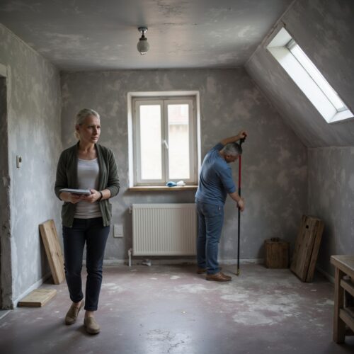 Besorgte Frau prüft unzureichende Arbeiten im Dachgeschossausbau eines Münchener Mietshauses.