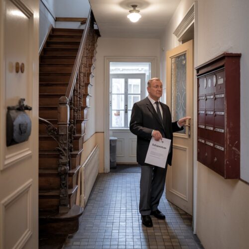 Vermieter steht im Flur, hält Schlüssel und Kündigungsschreiben, blickt zur offenen Mietertür.