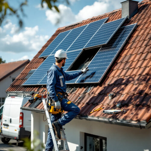 Techniker auf einer Leiter betrachtet unvollständige Photovoltaik-Installation auf einem roten Ziegeldach.