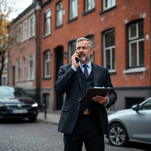Vermieter spricht am Handy vor einem roten Ziegelhaus über eine Wohnungsräumung wegen Eigenbedarf.