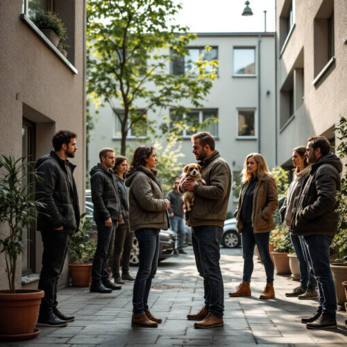 Anwohner hält Hund und steht angespannt im Innenhof, umgeben von Nachbarn, die auf die Regeln zeigen.
