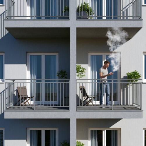 Mieter zündet auf dem Balkon eine Zigarette an, während Nachbar durch Rauch gestört wird. 