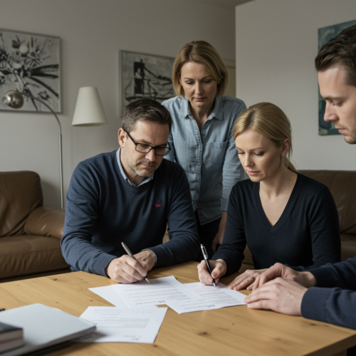 Ehepaar unterschreibt Mietvertrag in ihrem Wohnzimmer, entspannt, aber angespannt, mit Mietgast am Tisch.