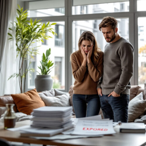 Junge Paar in Wohnung, besorgt über abgelaufene Frist für Baufehleranzeige, Dokumente auf Tisch.