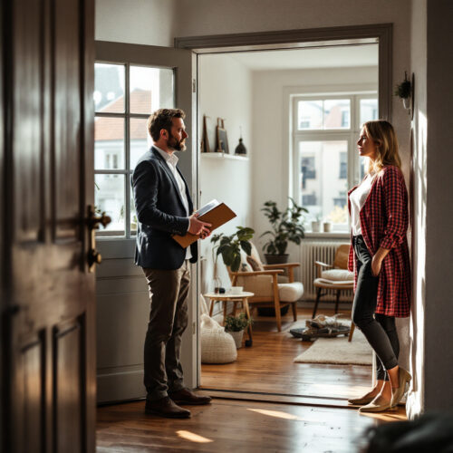 Vermieter betritt Wohnung und spricht mit besorgtem Mieter über bevorstehende Modernisierung und mögliche Kündigung.