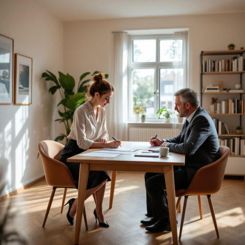 Mutter unterschreibt den Mietvertrag für ihren Sohn in einer hellen Wohnung, der Vermieter sitzt ihr gegenüber.
