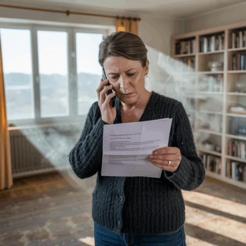 Angespannte Vermieterin im leeren Wohnzimmer hält Schreiben, telefoniert, kündigt Untermiete an